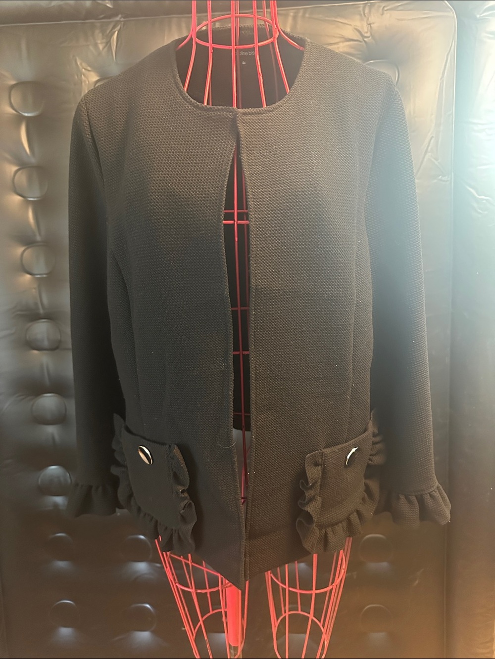 Classic Black Ruffle-Pocket Open Front Blazer